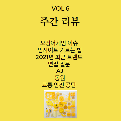 주간 리뷰 VOL6. 오징어게임 열풍, 인사이트 기르기, 2021 트렌드에 기반한 면접 질문, AJ,동원,교통안전공단 간략 풀이 